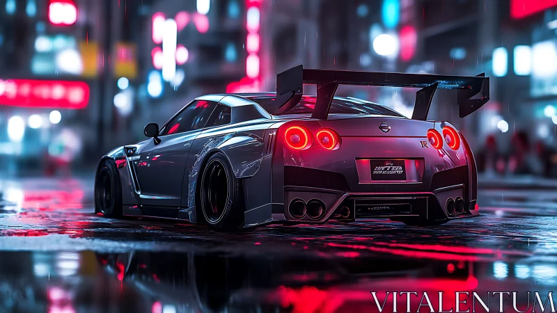 Widebody Nissan GT-R in neon drenched cyberpunk street at night