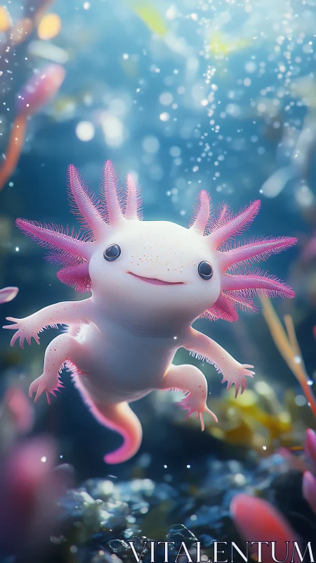 3D axolotl portrait with glowing underwater bokeh light.