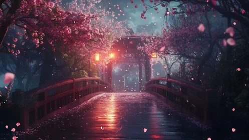 Lanternlit bridge dreams under drifting cherry blossom snow