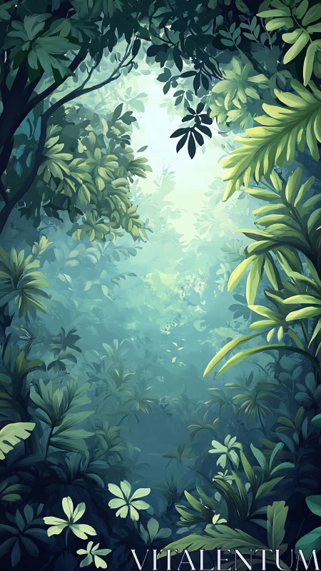Misty Forest Canopy with Tropical Vegetation