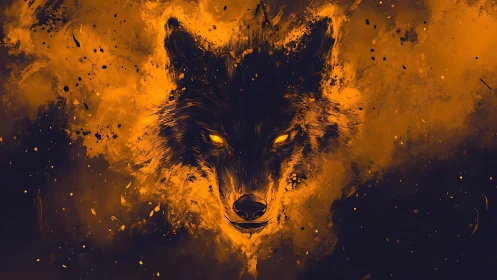 Fiery wolf portrait emerging from dark abstract smoke.