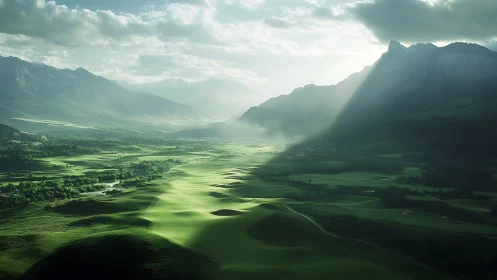 Sunlit rivers of grass drift quietly through the misty valley
