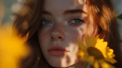 Freckled red-haired girl portrait framed by yellow flowers.