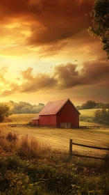 Sunlit red barn dreaming beneath a storm-kissed country sky.