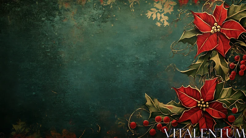 Textured teal backdrop with ornate red poinsettia corner border