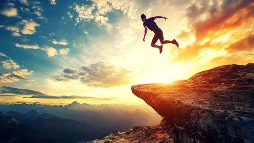 Dynamic cliff-to-cliff leap under volumetric sunset sky.