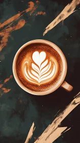 Heart-topped latte art in painterly coffeehouse style.