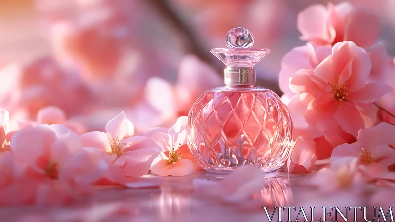 Crystal Perfume Bottle Surrounded by Pink Flower Petals.