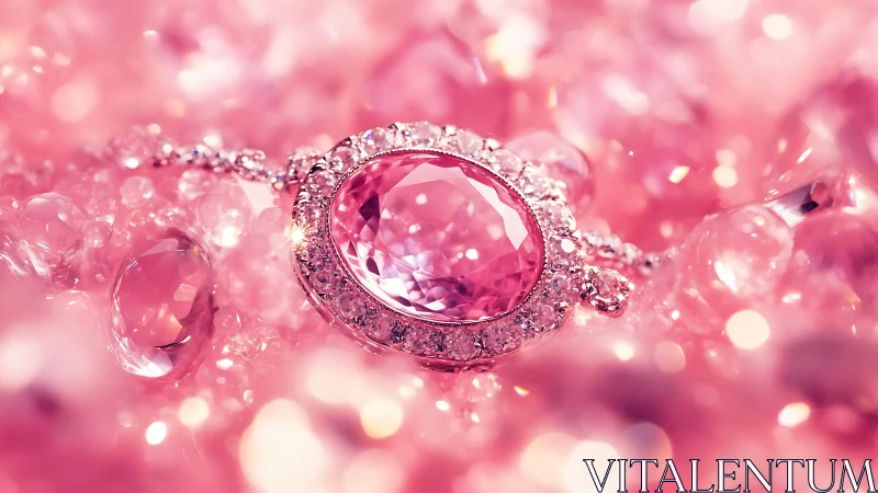 Pink gemstone pendant in macro focus with luminous bokeh field.