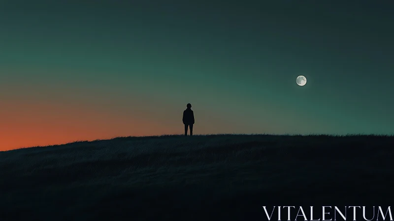 Silhouette on hillside under bright moon at deep dusk.