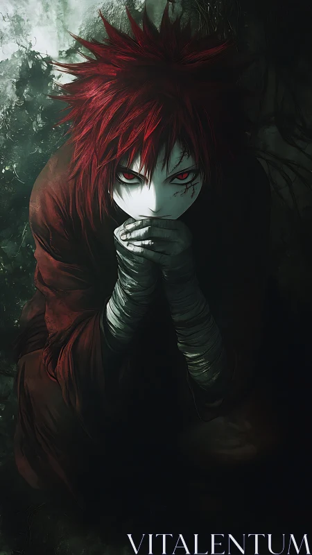 Red‑haired crouched figure with bandaged arms in dramatic chiaroscuro