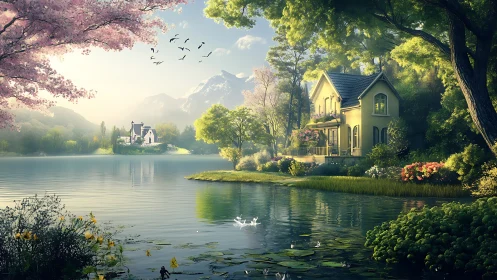 Lakeside villa with alpine backdrop in luminous digital bloom.