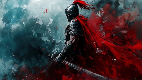 Armored knight with red cloak in dynamic digital battlefield.