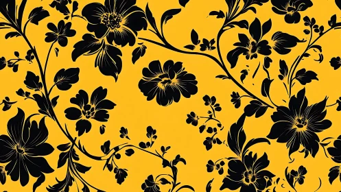 Yellow Ground with Black Floral Silhouettes in Botanical Composition.