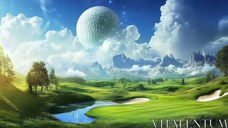 Giant celestial golf ball hovers above luminous valley course