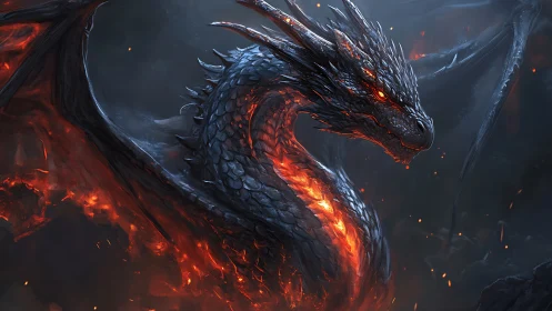 Molten-hearted dragon coiled in glowing volcanic night.