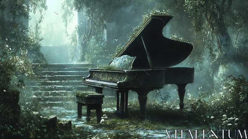 Moss-covered grand piano decays in diffuse forest ruin light