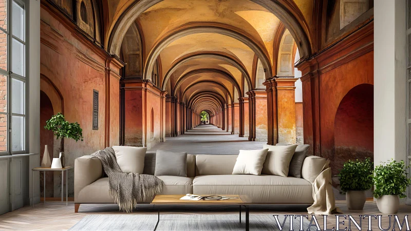 Living room with arched corridor mural wall decor design.