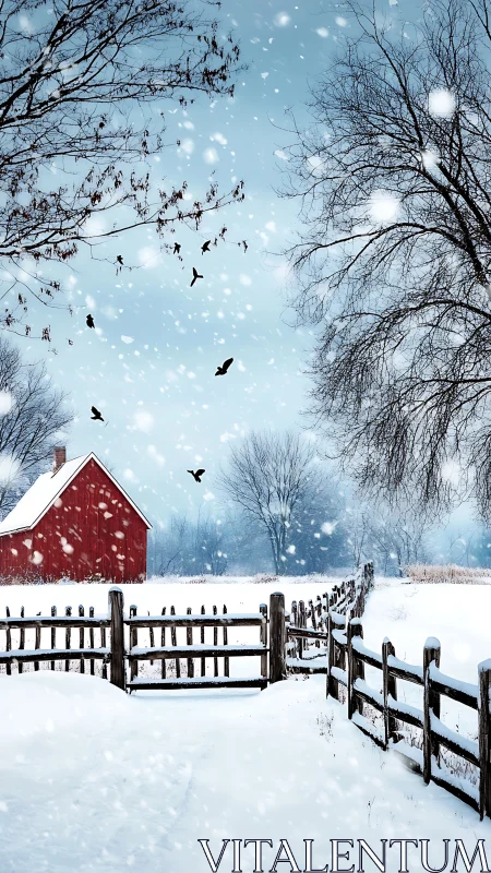 Photorealistic rural winter farmstead with leading fence lines.