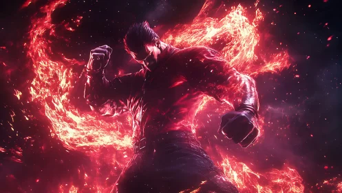 Blazing fighter rises in swirling fire and fierce energy