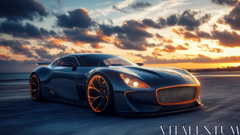 Sunset cruise with a sleek futuristic coastal supercar.