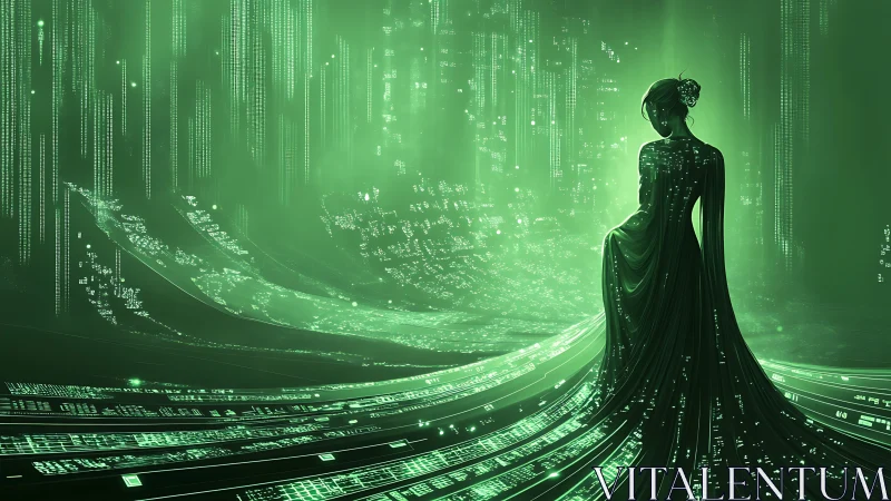 Silhouetted woman in green digital code landscape scene.