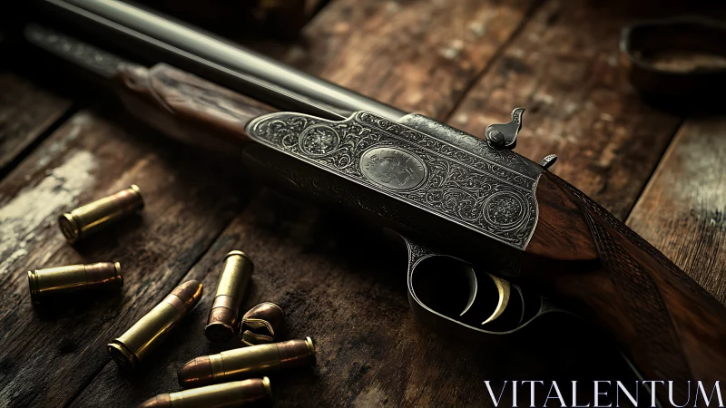 Engraved double-barrel shotgun rests on rustic wooden table