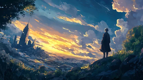 Solitary figure surveys luminous cityscape under painterly dusk