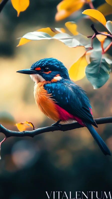 Vibrant kingfisher rests on autumn branch at sunset glow.