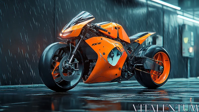 Neon rain racer poised in a midnight alleyway storm.