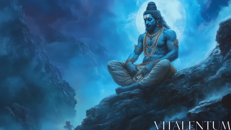 Moonlit blue ascetic lets mountain winds cradle his calm