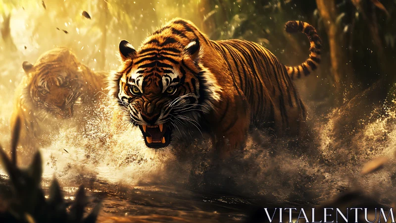Two tigers charge through shallow water in warm backlight