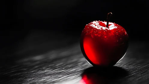 Glossy red apple gleams against dramatic dark background.