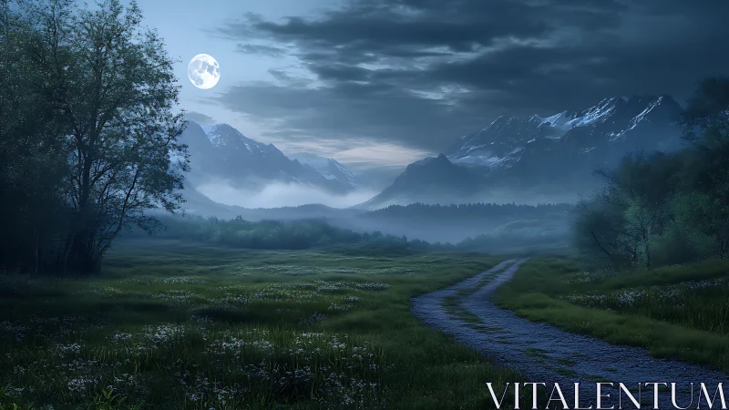 Moonlit mountain path gently invites a quiet night walk