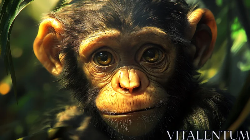 Hyperreal juvenile chimpanzee portrait in dappled jungle light