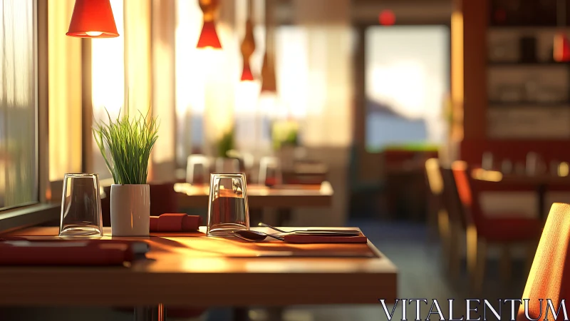 Sunlit restaurant table with glasses and plant decor.