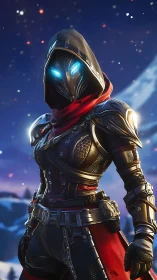 Hooded sci fi warrior in armor with glowing blue eyes.