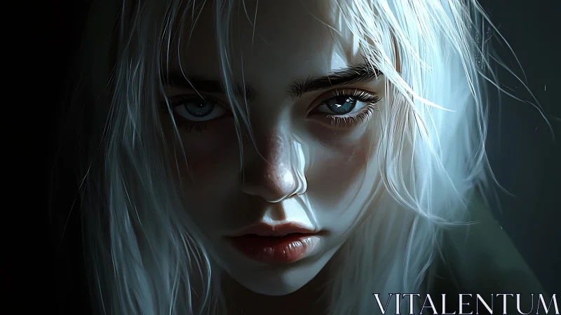 Intense close-up portrait of pale girl in moody light.