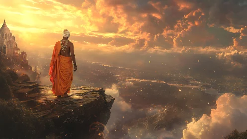 Monastic figure on basalt cliff surveying sunlit atmospheric valley.