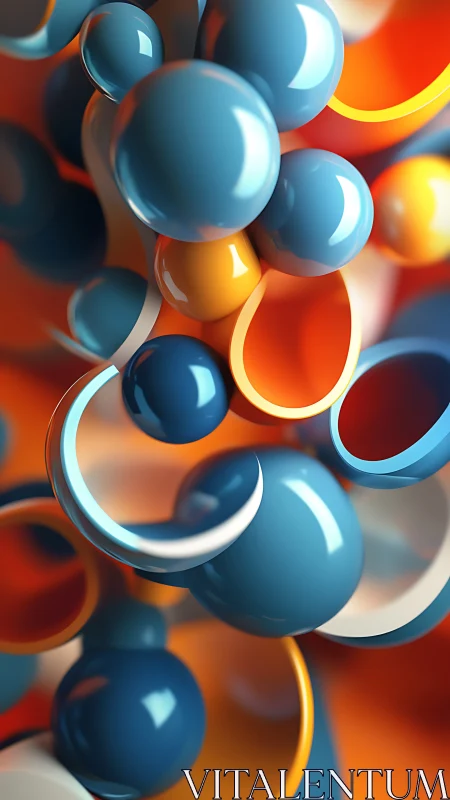 Glossy abstract spheres and curved shells in warm palette.