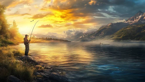 Solitary angler teases sunrise colors from a mountain lake