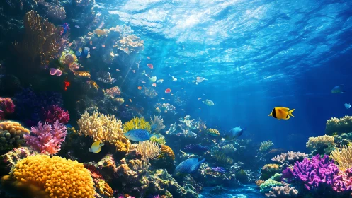 Colorful coral reef habitat with tropical marine fish species.