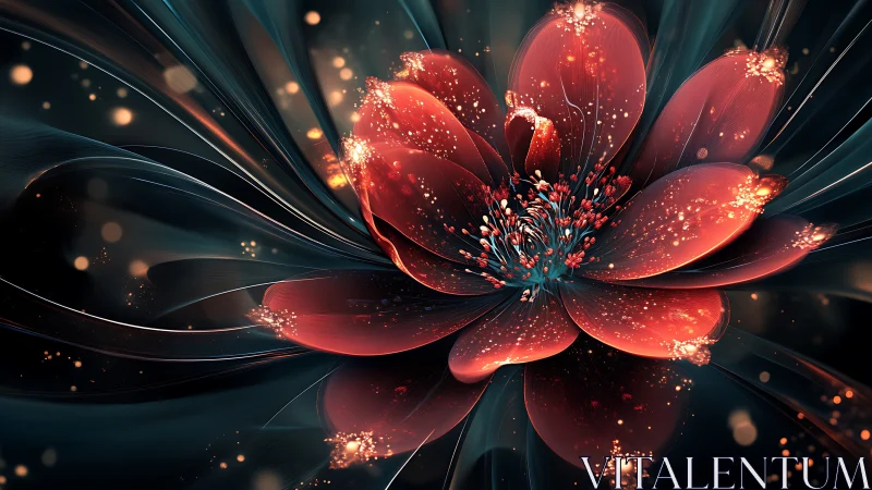 Digital red flower with glowing petals on dark abstract field.