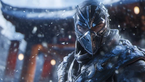 Armored ice warrior glares through stormlit temple snow