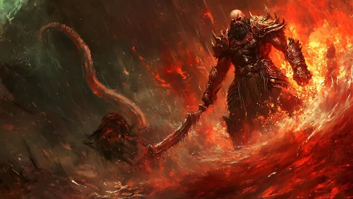 Armored demon warlord emerges through incandescent lava storm