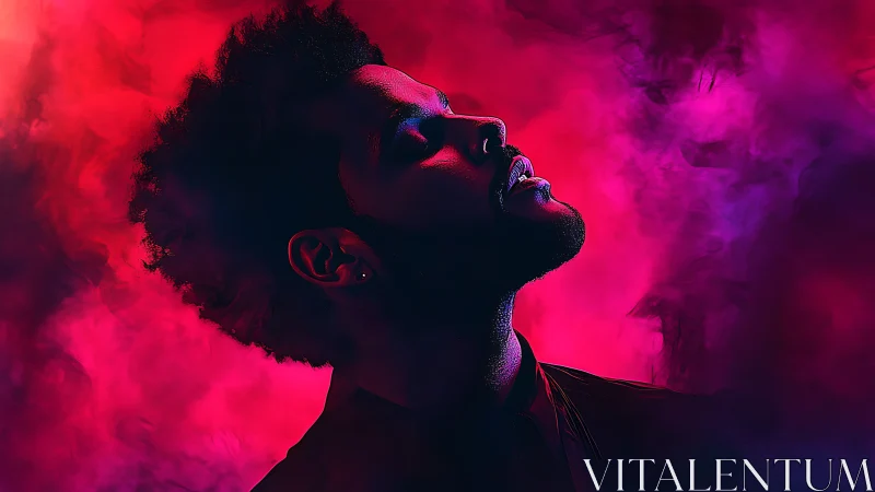 Silhouetted male profile in neon pink and purple smoke field.