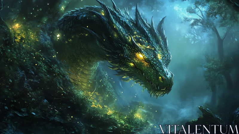 Gentle forest dragon glowing softly in an emerald twilight.