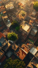 Dense urban rooftops in golden hour aerial perspective.