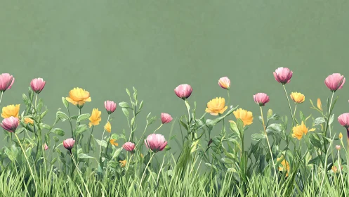 Spring Garden Meadow with Pink and Yellow Carnations Against Muted Green Background.