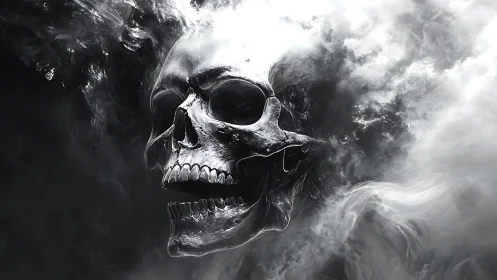 Chrome skull merges with stormy monochrome smoke cloud.
